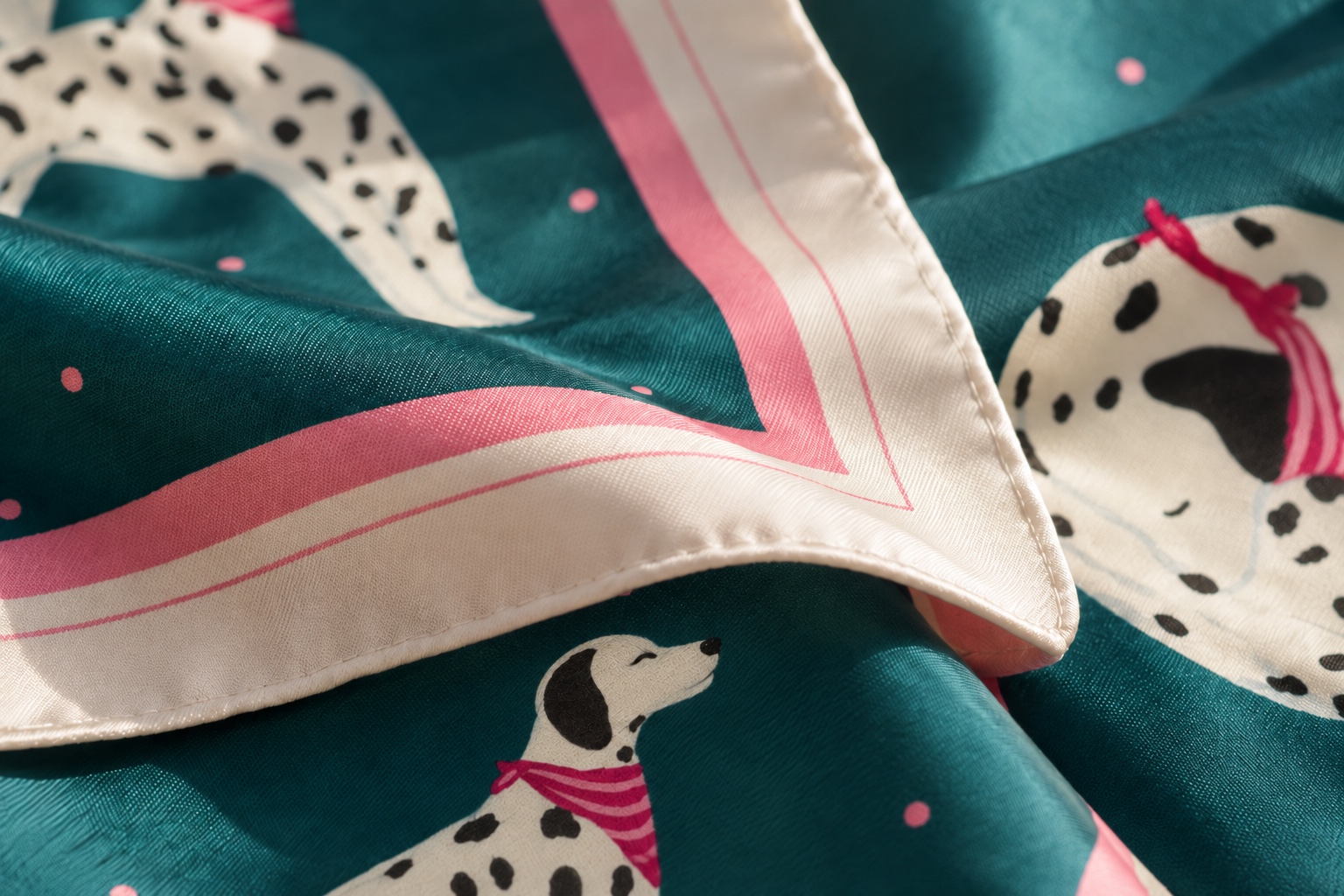 The Dalmatian: printed silk twill, soft folds and a hand-rolled edge.