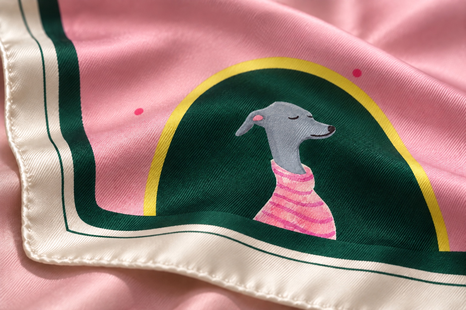 The Italian Greyhound: printed silk twill, soft folds and a hand-rolled edge.